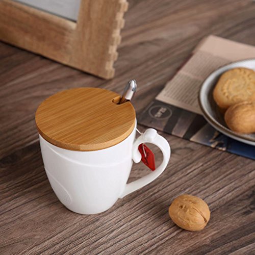 77L Taza de café con tapa y cuchara, taza de café de cerámica con tapa de bambú y cuchara - leche de cerámica, taza de té con cuchara y tapa para el hogar - 1.46 taza (350 ML, 11.8 OZ), blanco