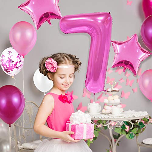 7er Cumpleaños Globos, Decoración de cumpleaños 7 en Rosas, Feliz cumpleaños Decoración Globos 7 Años, Globos Numeros para Fiestas,Globos de Aluminio para Niñas