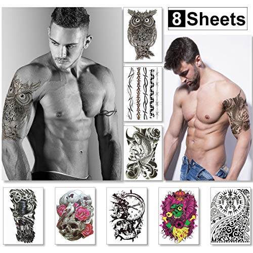 8 hojas de tatuajes temporales para chicos y hombres, diseno tribal, pegatinas de peces Koi para brazos, hombros pecho y espalda, tatuaje falso de calavera impermeables, grandes