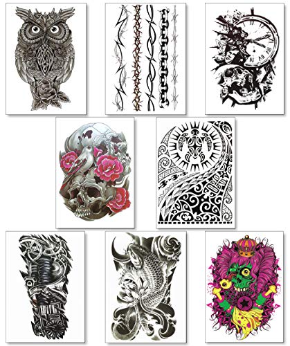 8 hojas de tatuajes temporales para chicos y hombres, diseno tribal, pegatinas de peces Koi para brazos, hombros pecho y espalda, tatuaje falso de calavera impermeables, grandes