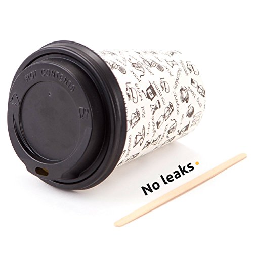 80 Vasos Desechables de Café Para Llevar - Vasos Carton 360 ml 12 Onzas con Tapas y Agitadores de Madera para Servir el Café, el Té, Bebidas Calientes y Frías