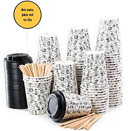 80 Vasos Desechables de Café Para Llevar - Vasos Carton 360 ml 12 Onzas con Tapas y Agitadores de Madera para Servir el Café, el Té, Bebidas Calientes y Frías