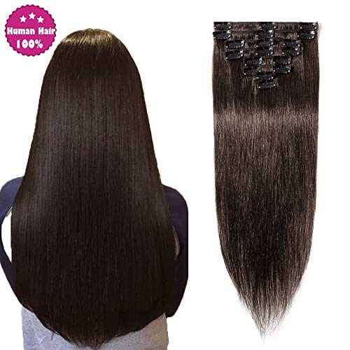 8"(20cm) Extensiones de Cabello Natural Clip [#2 Castaño Oscuro] 100% Remy Pelo Humano 8 Piezas 18 Clips Liso (45g)