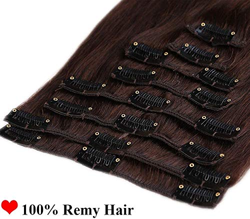 8"(20cm) SEGO Extensiones de Clip de Pelo Natural 8PCS [#2 Castaño Oscuro] 100% Remy Cabello Humano (45g)
