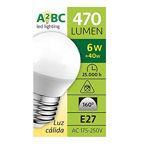 A2BC LED Lighting, Bombilla Esférica con Luz Calida, 6 W, Paquete de 5
