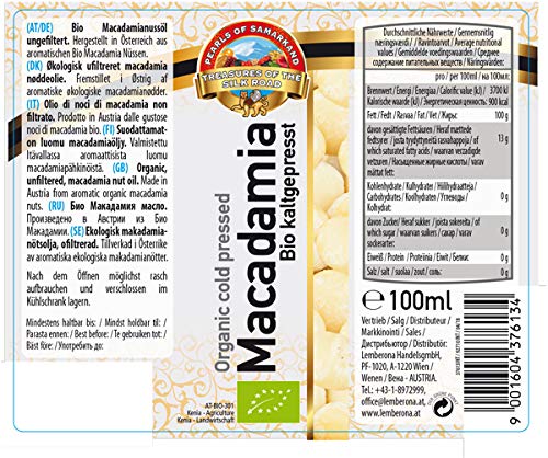 Aaceite de Macadamia orgánico presionado en frío 100 ml BIO, ecológico, 100% natural, aceite de cocina muy aromático, ideal para el cuidado del cabello y el cuerpo y masajes