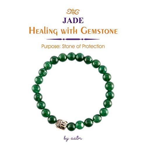 Aatm Reiki - Pulsera natural, energética, con piedras naturales de jade, redondas, de 7-8 mm. Elástica, unisex, para curación (piedra de protección y curación para el riñón, corazón y estómago).