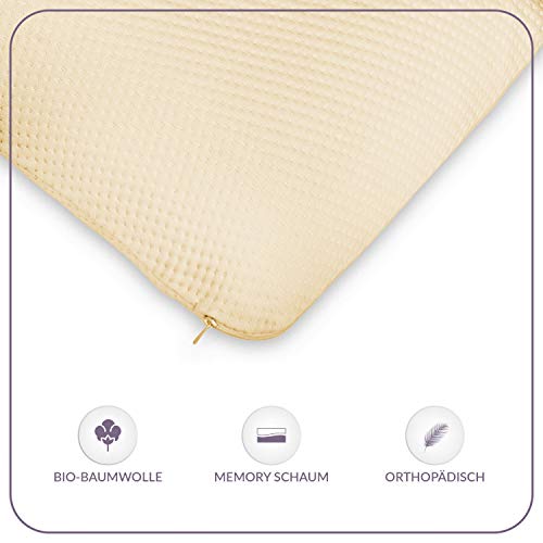 ABAKUHAUS Almohada de Cómoda Espuma Viscoelástica con Doble Funda de Algodón Orgánico Relleno Semi Firme Anti-Ronquidos, Funda Suave y Lavable de Algodón Orgánico, 50 cm X 90 cm, Amarillo