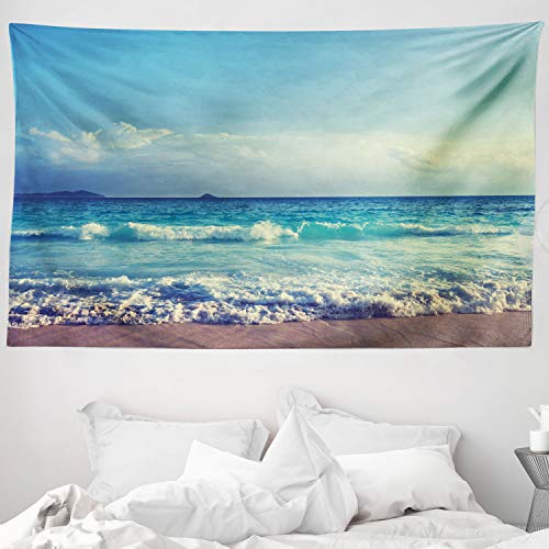 ABAKUHAUS Isla Tropical Tapiz de Pared y Cubrecama Suave, Olas del Océano en Playa de Seychelles al Atardecer Horizonte, Decoración para el Cuarto, 230 x 140 cm, Turquesa