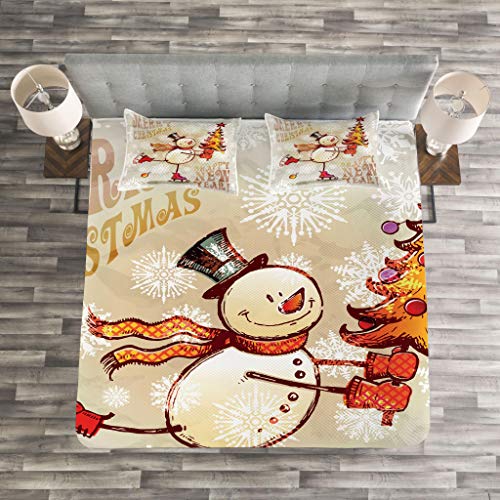 ABAKUHAUS Navidad Cubrecama, Hombre de Nieve Feliz Patinando y Árbol de Navidad Alegre Dibujo Copos de Nieve, Estampado Digital Vívido, 264 x 220 cm, Multicolor