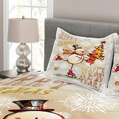 ABAKUHAUS Navidad Cubrecama, Hombre de Nieve Feliz Patinando y Árbol de Navidad Alegre Dibujo Copos de Nieve, Estampado Digital Vívido, 264 x 220 cm, Multicolor