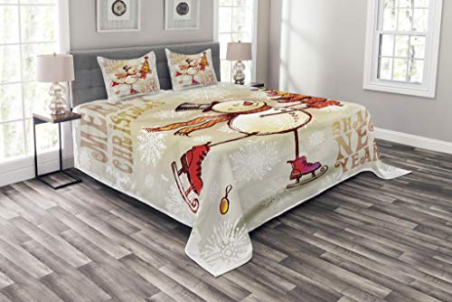 ABAKUHAUS Navidad Cubrecama, Hombre de Nieve Feliz Patinando y Árbol de Navidad Alegre Dibujo Copos de Nieve, Estampado Digital Vívido, 264 x 220 cm, Multicolor