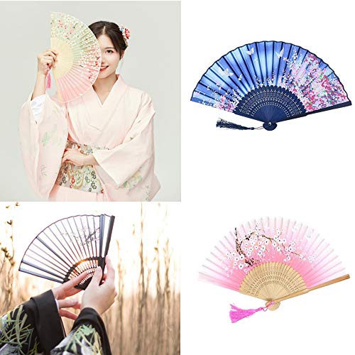 Abanicos Plegables,2 Piezas Abanicos de Mano Plegable Seda de Bambú Abanicos para Fiestas Regalos de Boda Decoración de Bricolaje Color