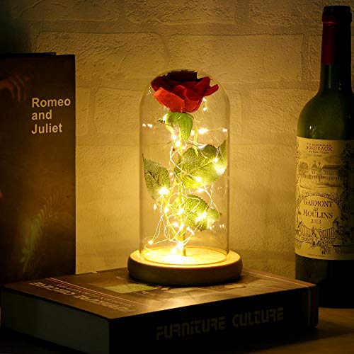 ABEDOE La Bella y la Bestia Rosa Eterna, Decoración de Rosa Roja Encantada Artificial en Cúpula de Vidrio con Luz LED,Regalo Romántico para El Día de San Valentín, Día de la Madre,Aniversario