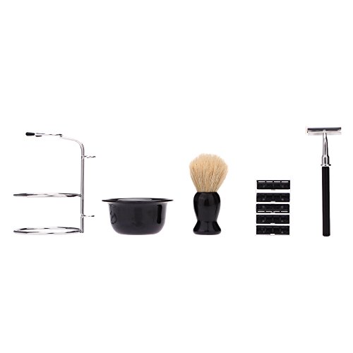 Abody Kit de Brocha de afeitar+Jabonera+Sostenedor+Maquinilla de afeitar(con 5 hojas de reemplazo) Juego 4 en 1 afeitado manual para barba hombres