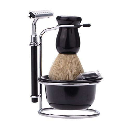 Abody Kit de Brocha de afeitar+Jabonera+Sostenedor+Maquinilla de afeitar(con 5 hojas de reemplazo) Juego 4 en 1 afeitado manual para barba hombres
