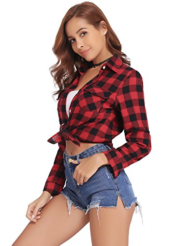 Abollria Camisa de Cuadros para Mujer Blusa Franela Manga Larga Oficina Camisetas con Botones Básico Shirt Casual Estilo de Boyfriend Suelto Tops para Otoño Invierno