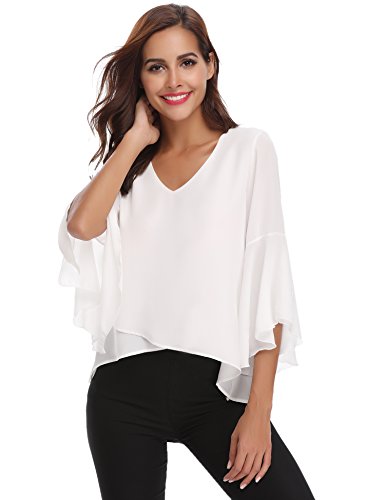 Abollria Camisa para Mujer 3/4 Mangas Elegante Blusa de Gasa Ligera Camisetas de Chiffon Cuello V Top Mangas Acampanadas Primavera Verano Otoño, Blanco, M