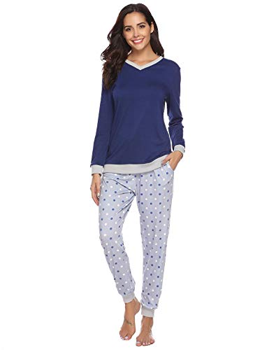 Abollria Pijama Mujer Algodón 2 Piezas Set V-Cuello Conjunto de Pijamas de Manga Larga Jogging Estilo Ropa de Dormir (XXL=EU(50-52), Azul Marino)