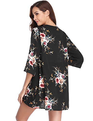 Abollria Playa Cárdigan Florales Chal de Gasa Manga 3/4 Ropa de Baño Cover Up para Mujer IR al Mar Pareo Casual Boho Style Capas Chaqueta Kimono para Vacaciones Verano y Fiesta