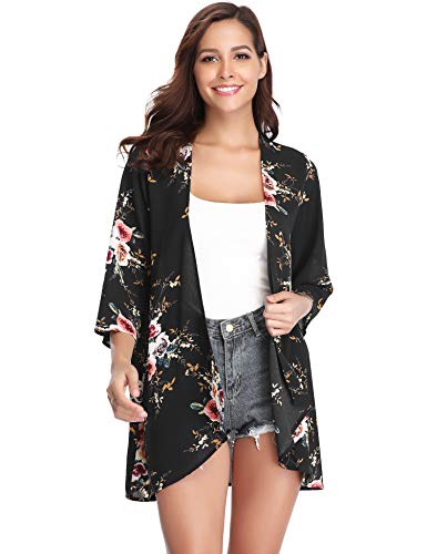 Abollria Playa Cárdigan Florales Chal de Gasa Manga 3/4 Ropa de Baño Cover Up para Mujer IR al Mar Pareo Casual Boho Style Capas Chaqueta Kimono para Vacaciones Verano y Fiesta
