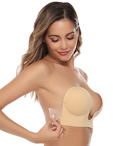 Abollria Sujetador Adhesivo Invisible de Mujer,Forma de U Adhesivo y Silicona Reutilizable Push Up con Gel Bra (Beige, Copa B)