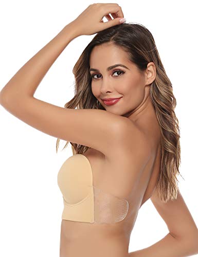 Abollria Sujetador Adhesivo Invisible de Mujer,Forma de U Adhesivo y Silicona Reutilizable Push Up con Gel Bra (Beige, Copa B)