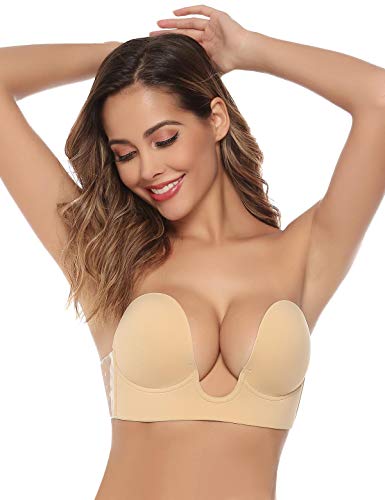 Abollria Sujetador Adhesivo Invisible de Mujer,Forma de U Adhesivo y Silicona Reutilizable Push Up con Gel Bra (Beige, Copa B)
