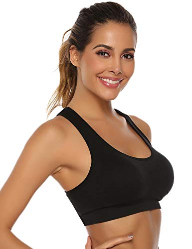 Abollria Sujetador Deportivo para Mujeres, cómodos Suave y Almohadillas Extraíbles,Bra Deporte sin Costuras para Yoga/Fitness/Run/Ejercicio (L, Negro + Gris + Naranja)