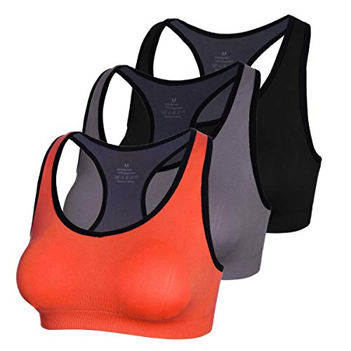 Abollria Sujetador Deportivo para Mujeres, cómodos Suave y Almohadillas Extraíbles,Bra Deporte sin Costuras para Yoga/Fitness/Run/Ejercicio (L, Negro + Gris + Naranja)