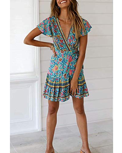 Abravo Mujer Vestido?Bohemio Corto Florales Nacional Verano Vestido Casual Magas Cortas Chic de Noche Playa Vacaciones,Azul,L