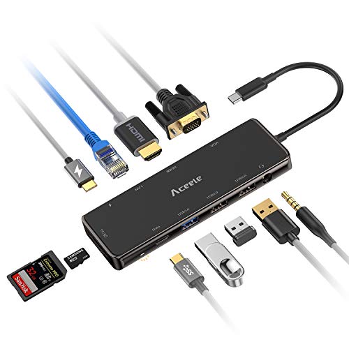 Aceele Hub USB C 11-en-1, Hub Tipo C con 4K HDMI y VGA, Puertos USB 3.0, 2 USB 2.0, 2 USB C (Datos & PD), RJ45 gigabytes Ethernet, Audio, SD&TF para Macbook Pro 2018/2019, Galaxy S10, etc.