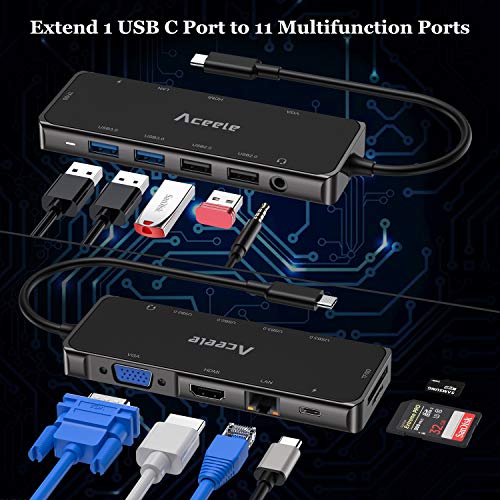 Aceele Hub USB C 11-en-1, Hub Tipo C con HDMI y VGA, 4 Puertos USB 3.0, RJ45 gigabytes Ethernet, Audio, Type c PD, Lector de Tarjetas SD&TF para Macbook Pro 2018/2019, Galaxy S10, etc.