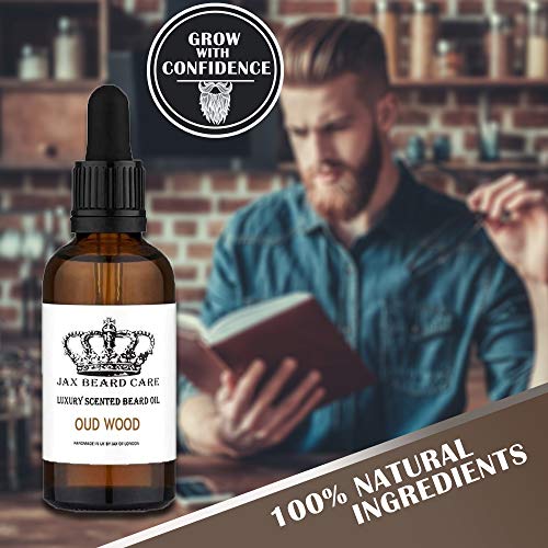 Aceite de barba inspirado para el acondicionamiento y el crecimiento de la barba con almendras dulces, argán, semillas de uva, jojoba, cáñamo, ricino, vitamina E - UK (50 ml) (Oud Wood)