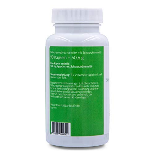 Aceite de comino negro vegano (egipcio) - 90 capsulas - Nigella Sativa - prensado en frío - 1 cápsula de 500 mg de aceite de comino negro - fabricadas en Alemania