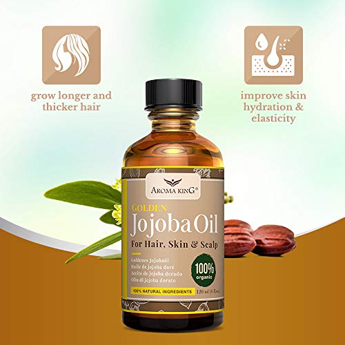Aceite de jojoba orgánico 100% puro Aroma King - Natural sin refinar, utilizado para hidratar la cara, cabello, piel, uñas, cutículas, estrías y piel sensible 4 Fl Oz. (120 ml)