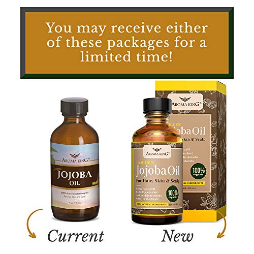 Aceite de jojoba orgánico 100% puro Aroma King - Natural sin refinar, utilizado para hidratar la cara, cabello, piel, uñas, cutículas, estrías y piel sensible 4 Fl Oz. (120 ml)