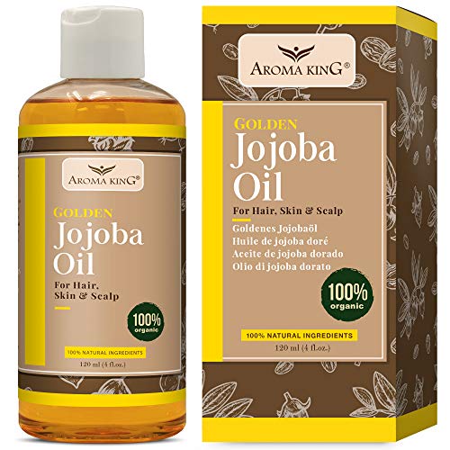 Aceite de jojoba orgánico 100% puro Aroma King - Natural sin refinar, utilizado para hidratar la cara, cabello, piel, uñas, cutículas, estrías y piel sensible 4 Fl Oz. (120 ml)