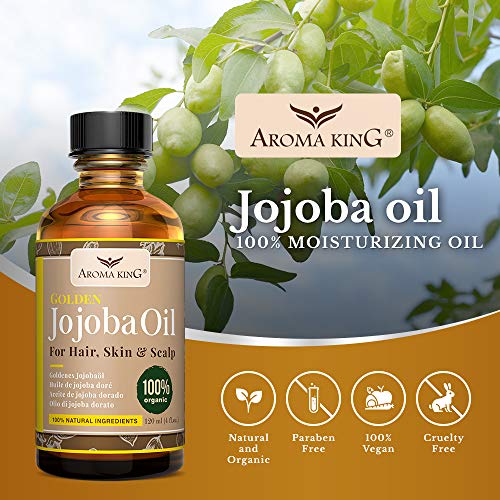 Aceite de jojoba orgánico 100% puro Aroma King - Natural sin refinar, utilizado para hidratar la cara, cabello, piel, uñas, cutículas, estrías y piel sensible 4 Fl Oz. (120 ml)
