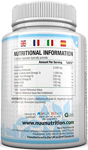 Aceite de Linaza Vegano 1000 mg | 180 Cápsulas Blandas Veganas Prensadas ​​en Frío - Suministro para 3 Meses | Rico en Omega 3, 6 y 9 | Fabricado en el Reino Unido por Nu U Nutrition