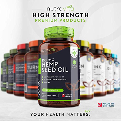 Aceite de Semilla de Cáñamo 1000 mg (6 Meses de Suministro) - Aceite de Cáñamo Prensado en Frío de Alta Concentración una Fuente Rica de Omega 3 y 6 - Hecho en el Reino Unido por Nutravita