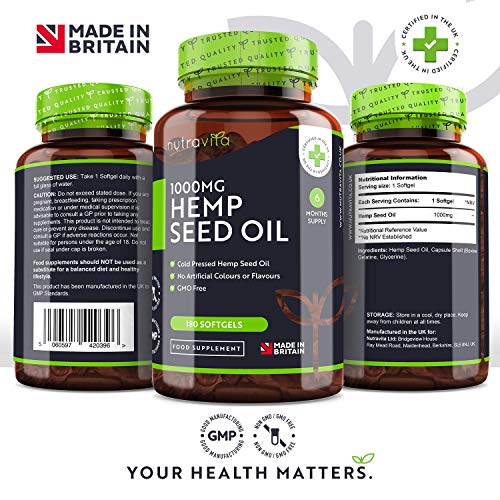 Aceite de Semilla de Cáñamo 1000 mg (6 Meses de Suministro) - Aceite de Cáñamo Prensado en Frío de Alta Concentración una Fuente Rica de Omega 3 y 6 - Hecho en el Reino Unido por Nutravita