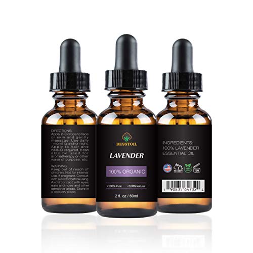 Aceite Esencial de Lavanda Orgánica - 100% Puro, Natural, Sin OGM, Grado Terapéutico para Difusor de Aromaterapia - Cuentagotas de Vidrio Premium (60ml)