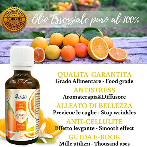 Aceite Esencial de Naranja Dulce Puro 100% + Ebook Incluido • Origen Italia • Grado Alimentario • Aromaterapia y Difusor • Calmante y Purificante • Alisador para Rostro y Cuerpo • Vidrio 50ml