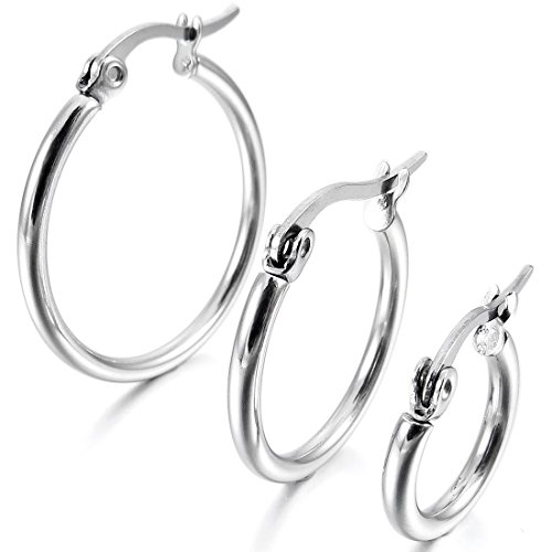 Acero Inoxidable Pendientes Conjunto - SODIAL(R)3 pares 15mm 20mm 25mm Acero Inoxidable Aro Hoop Huggie Pendientes Conjunto Mujer Plata