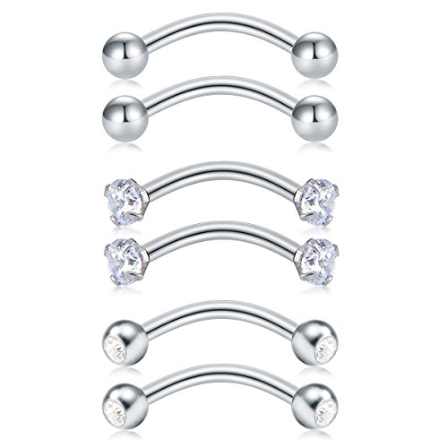 Acero quirúrgico 16G Curved Barbell Piercing Labio Ceja Ombligo Anillo Helix Tragus Daith Oreja Piercing 6 Piezas