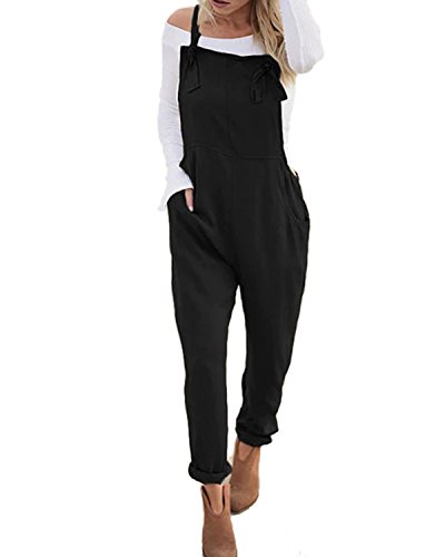 ACHIOOWA Mono para Mujer Peto de Pantalones Casual Ajustable Correa Rompers Largo Sin Mangas Monos de harén Mono de Pierna Ancha Overalls con Bolsillo Negro L