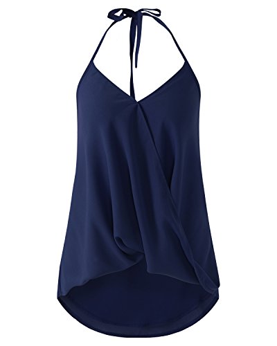 ACHIOOWA Mujer Camiseta Sin Manga Cuello V Blusa De Tirantes Sin Hombros Tanque Espalda Descubierta Escote Camisola Casual Chaleco Elegante Playa Beachwear Sundress Azul L