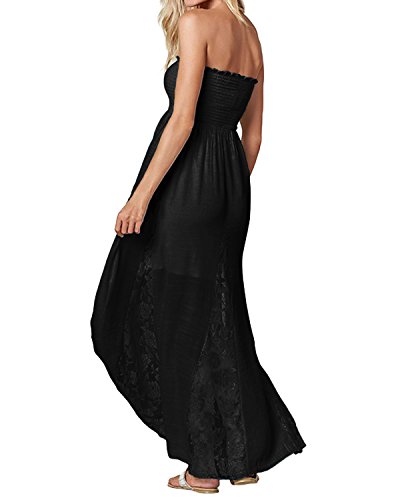 ACHIOOWA Mujer Vestido Cuello Palabra Encaje Punto Falda Sin Manga Playa Boda Suelto Elegante Dress Negro 2XL