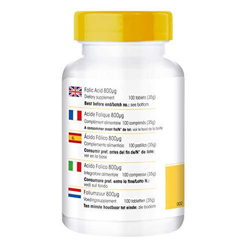 Ácido fólico 800µg – 100% vegano – Vitamina B9 – 100 comprimidos